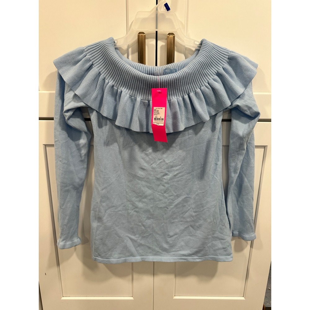 Lilly Pulitzer Siesta Sweater Crew Blue Off The Shoulder Ruffle Knit M